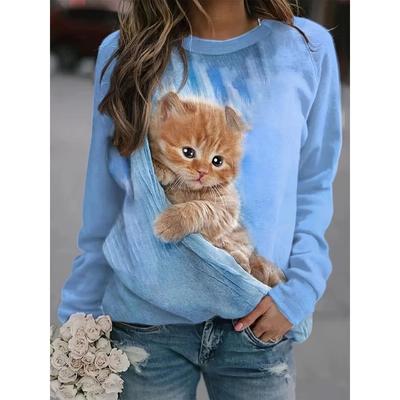 Blusa de Gola Redonda com Estampa 3D de Gato Casual de Manga Comprida Feminina - Tecido de Poliéster Macio com Elasticidade Média Roupas de Caimento Relaxado para Primavera e Outono