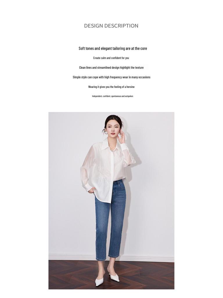 Elegant Women's Tencel Cotton Sequin Embroidery Long Sleeve Shirt with Lapel Design - Spring Collection