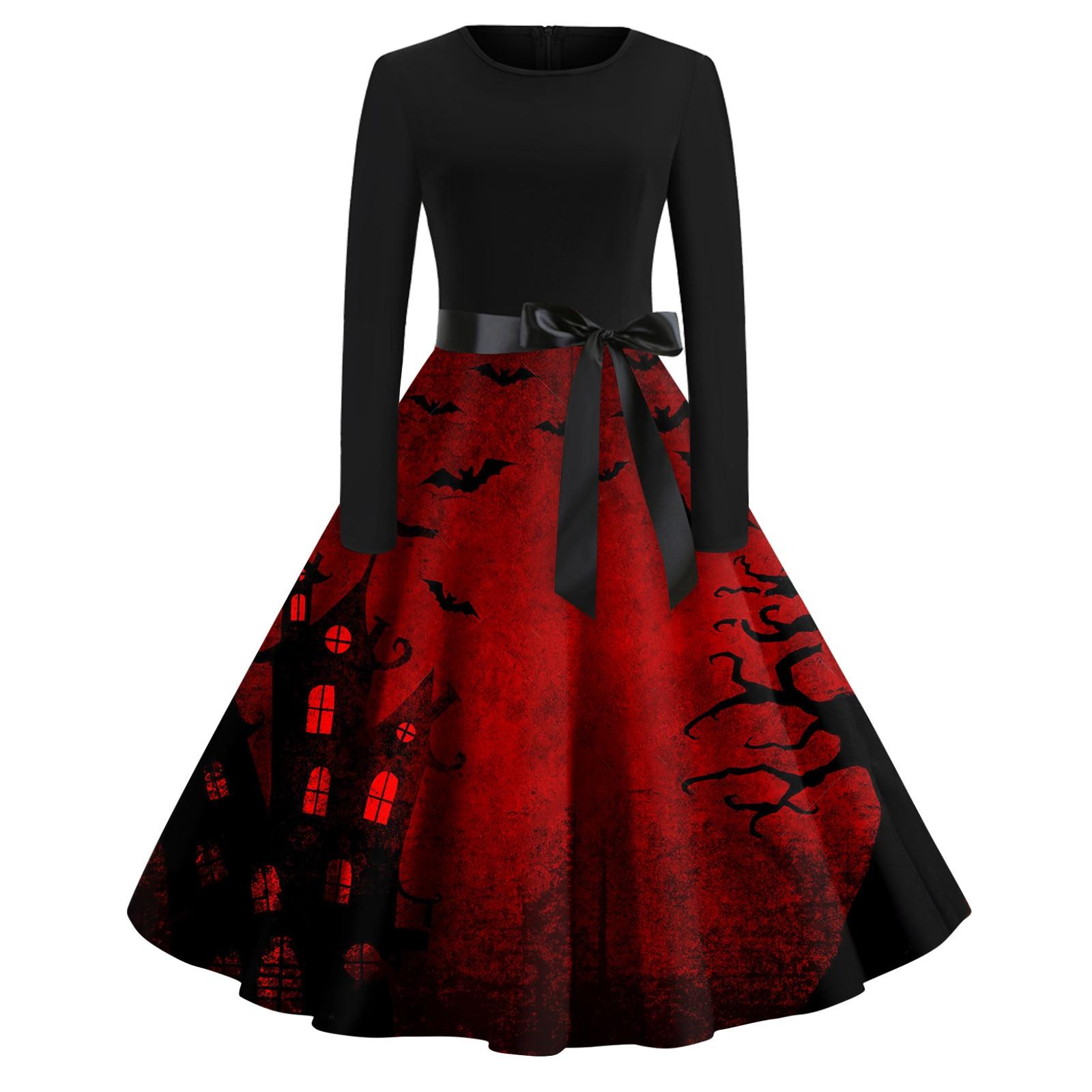 

Женское винтажное платье для выпускного вечера с длинным рукавом и принтом на Хэллоуин для всей семьи XXL винный