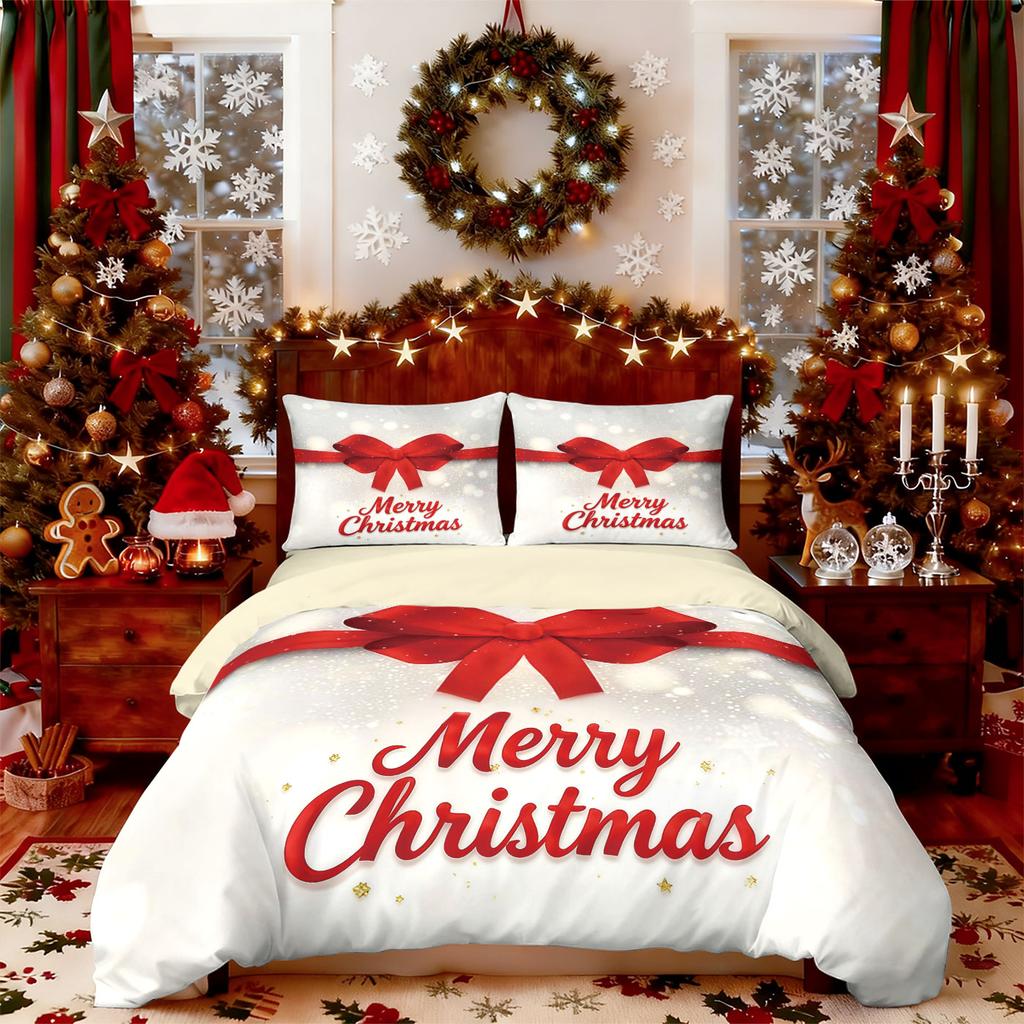 3pcs Merry Christmas Red Bow Printed Chipless Bedding Set Multi Size Bedroom Bedding Holiday Decoration Machine Washable