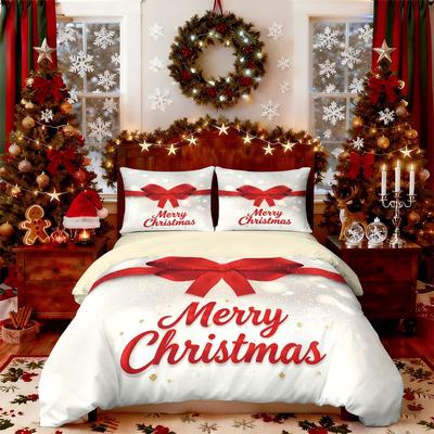 3-teiliges Frohe Weihnachten Rote Schleife Bedrucktes Chipless Bettwäscheset Mehrere Größen Schlafzimmer Bettwäsche Feiertagsdekoration Maschinenwaschbar