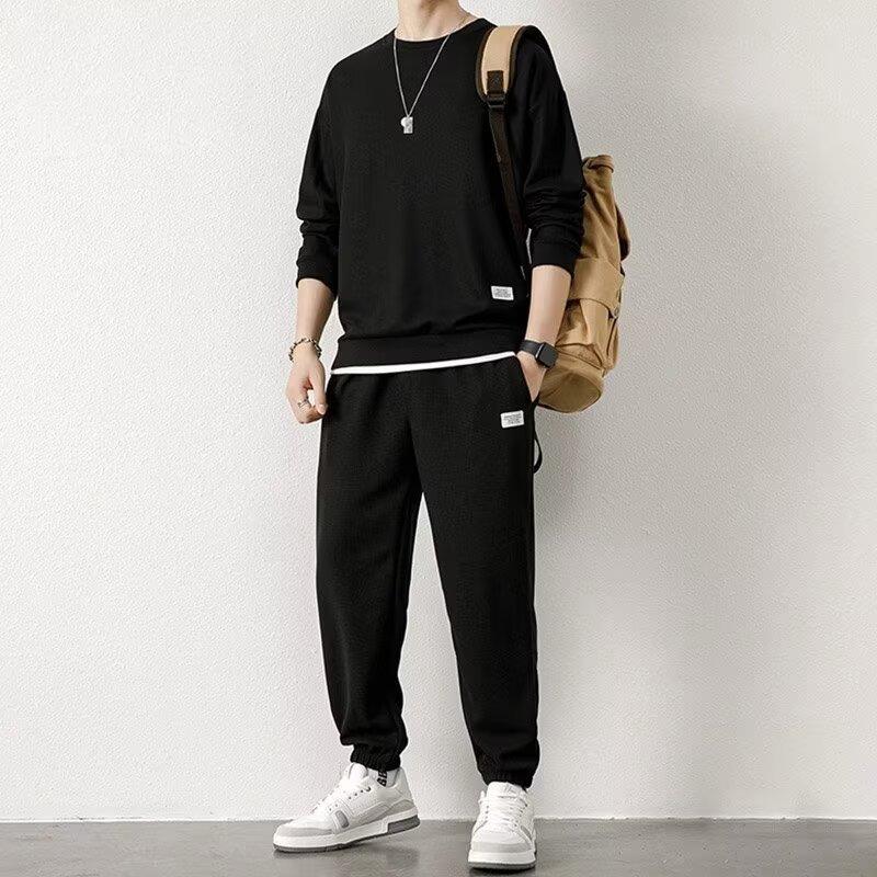 Men's Autumn Oversized Waffle Weave Suit Youth Loose-fitting Casual Sweatshirt + Sweatpants Simple Casual Two-piece Set