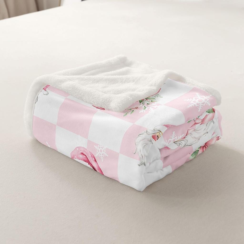 Santa Claus Blanket for Boys Girls Kids Super Soft Warm Pink Bowknot Sherpa Fleece Blanket White Snowflake Throw Blankets Grid