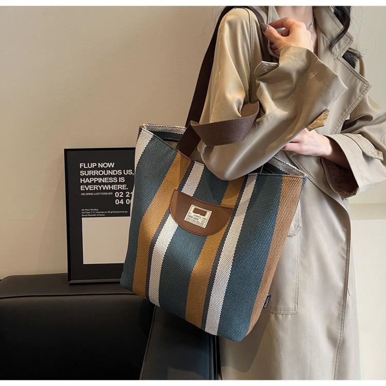 Striped Canvas Bag Women's New Summer Casual Lightweight Shoulder Bag Large Capacity Tote Bag Shopping Bag