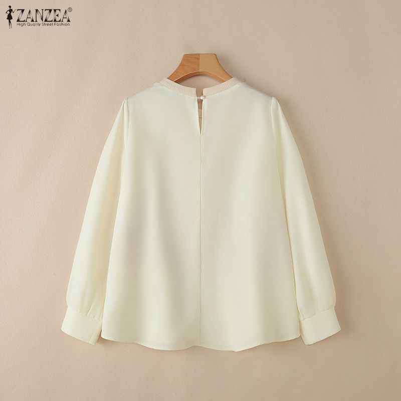 ZANZEA Women Casual Round Neck Long Sleeve Loose Patchwork Blouse