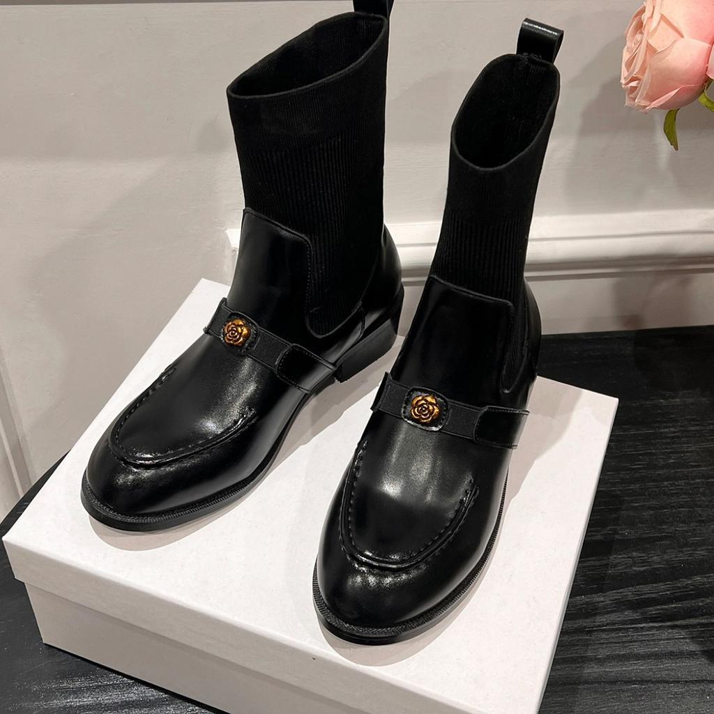 Cowhide version~ Leather camellia elastic thin boots women's versatile retro British thick heel short boots socks boots Martin boots