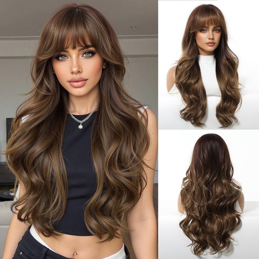 Long Golden Blonde Wave Synthetic Wigs with Bangs for Women Golden Brown Natural Cosplay Costume Daily Hair Wigs Heat Resistant
