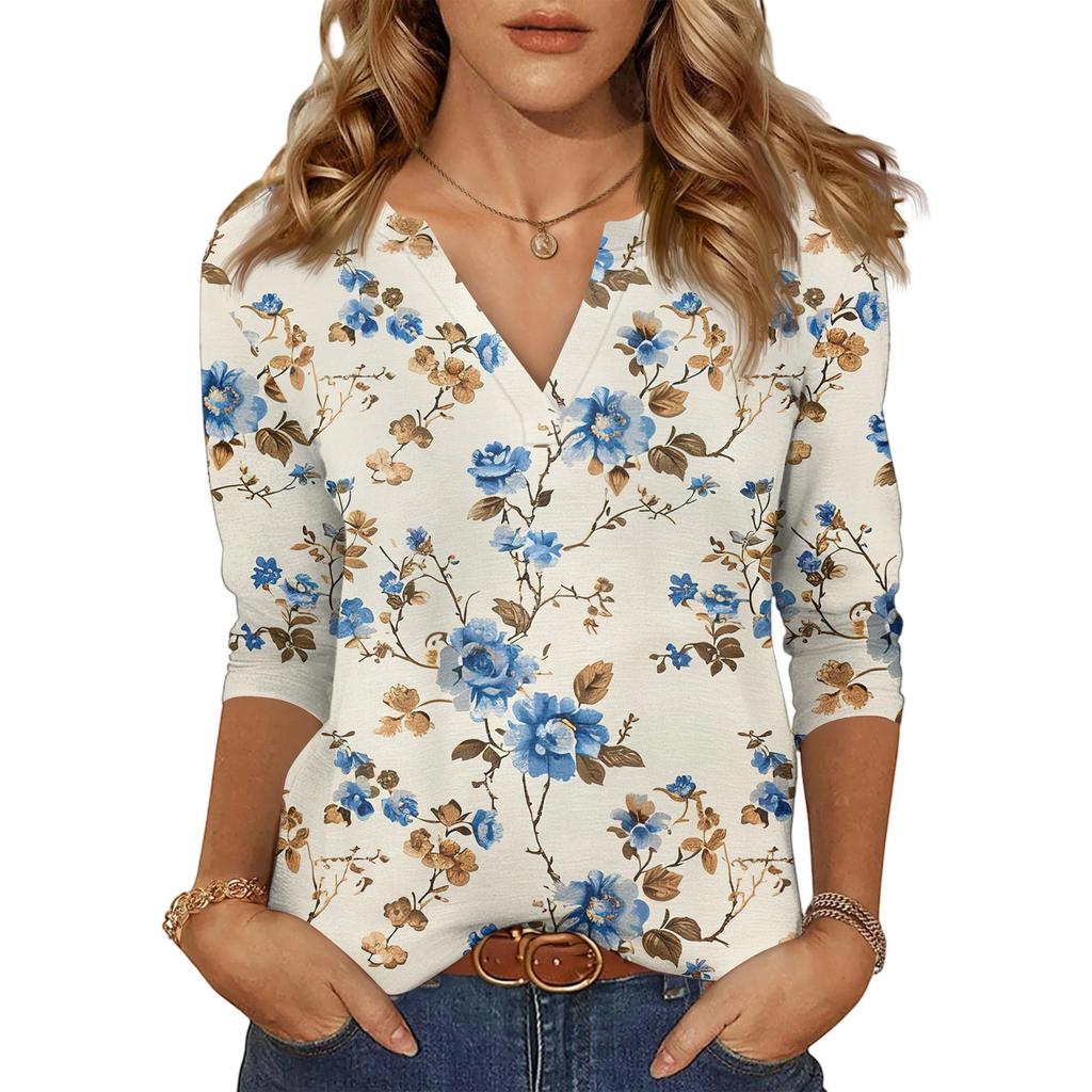 Women's Casual Fashion Sexy Comfortable V-Neck Floral Seven Sleeve Top