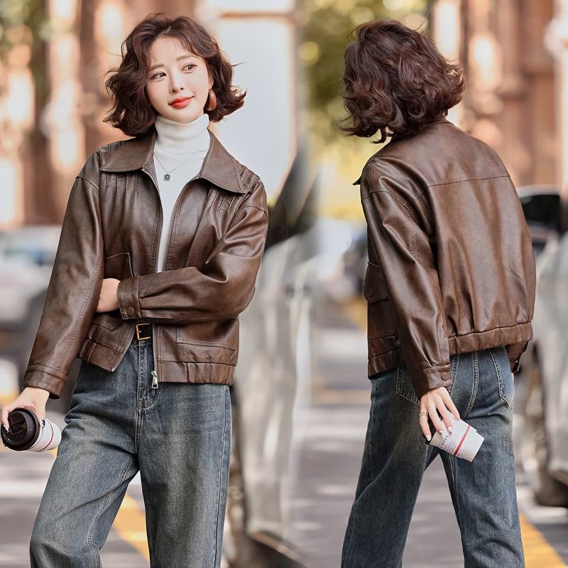 

Женская повседневная мотоциклетная кожаная куртка, Весна и Осень 2025, Модная и Универсальная - YG82938. M (90-110kg) кофейный