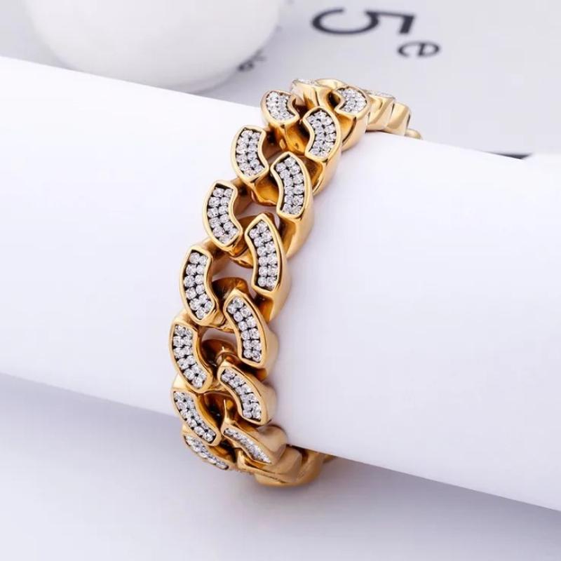 Heavy Punk Gold Color Curb Cuban Chain Bracelet CZ Zircon Men Women Hiphop Black Stainless Steel Bike Biker Bangle Jewelry