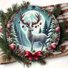 Vintage Rustic Christmas Tin Sign Wall Art Round Metal Plaque Winter Deer Holiday Home Decor