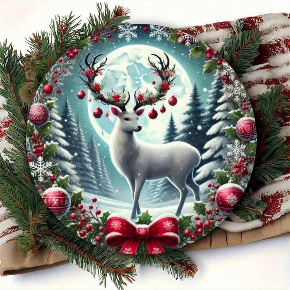 Vintage Rustic Christmas Tin Sign Wall Art Round Metal Plaque Winter Deer Holiday Home Decor