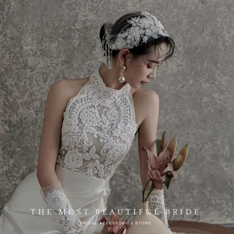 

Оригинальная ретро свадебная кружевная шляпа аксессуары для волос жемчужный элегантный высококачественный халат головной убор свадебное фото