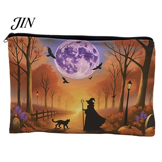Witch Pumpkin Pattern Bag Storage Bag, with Smooth Zipper, Thickened Polyester Large Capacity Cosmetic Halloween Printed Pouch Reusable B