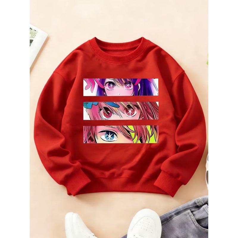 Kidss Crewneck Long Sleeve Sweatshirt, Manga Style 2D Girl Eye Panel Graphic Print