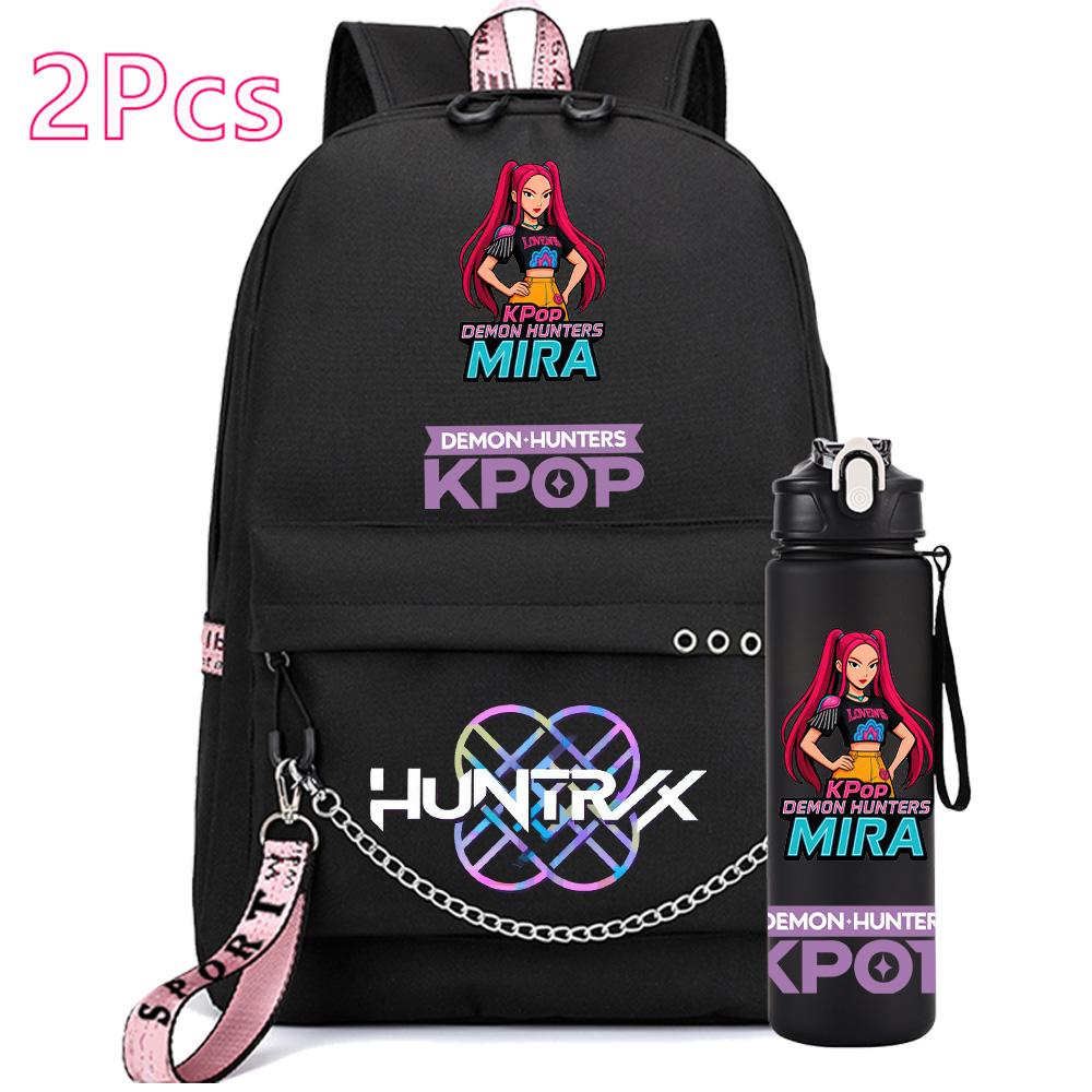 2Pcs/set Anime Cute Kpop Printed Backpack with 750Ml Water Bottler for Teenager Girl Boy Bookbag Kid Gift Large Capacity Travel Bag Rucksak