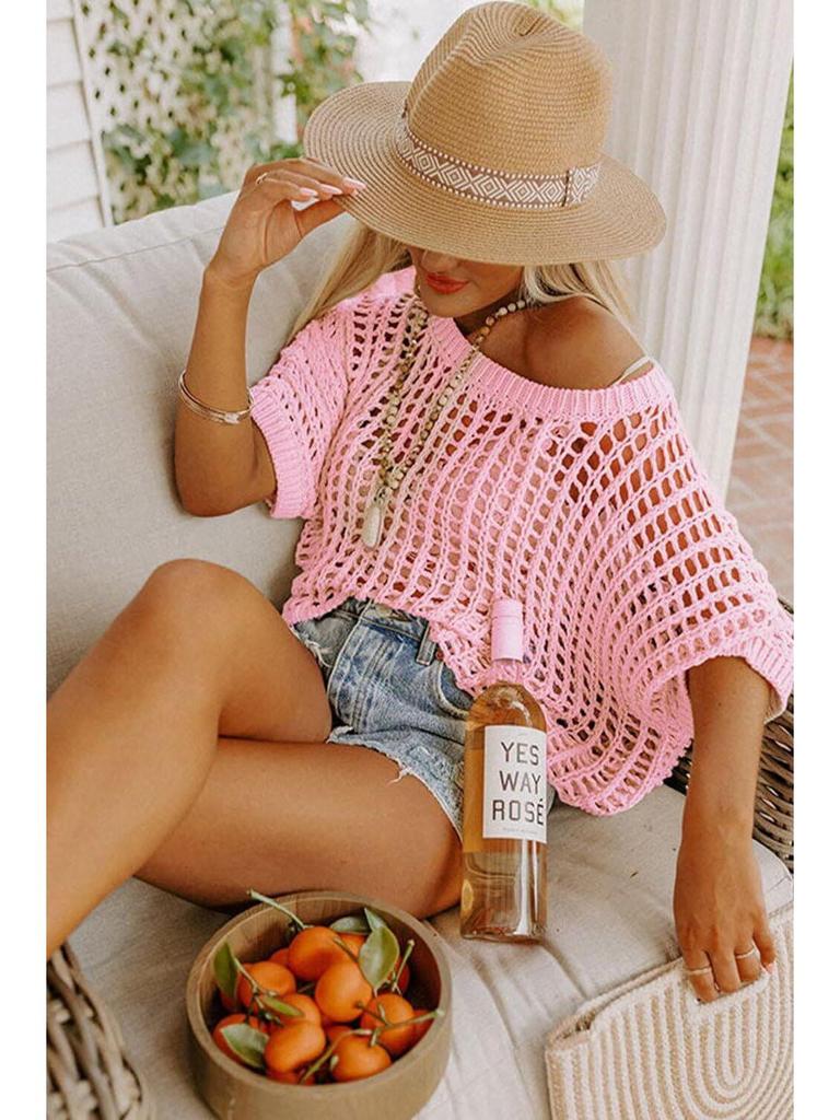 2025 Summer Women's Five-Sleeve Sexy Cutout Knit Beach Cover-Up Sweater