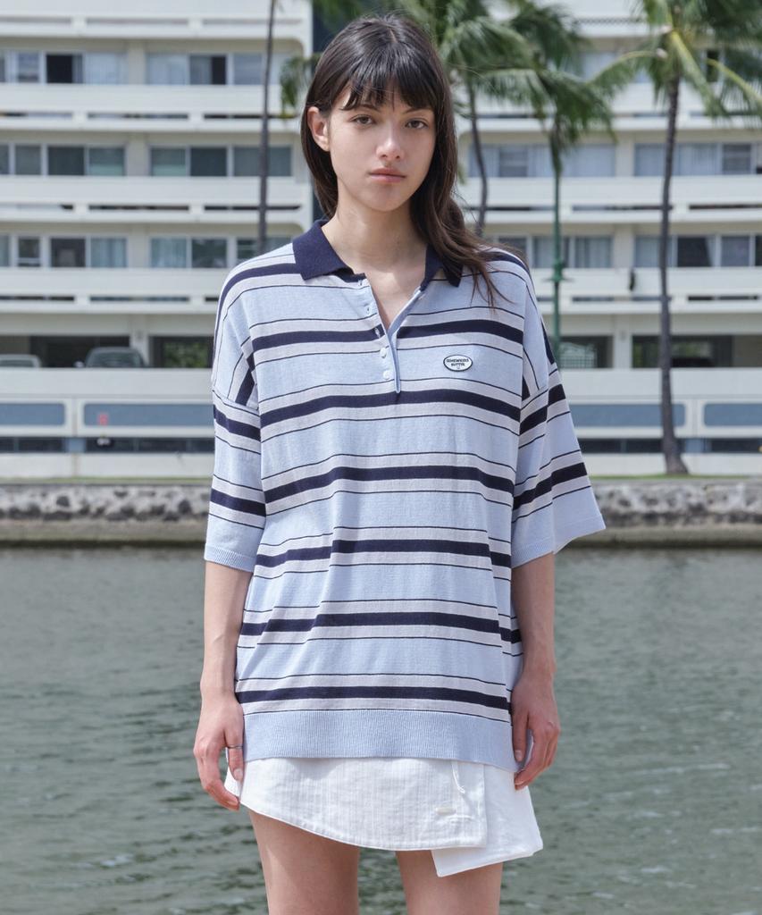 Sseomweeobeoteo Pepe Wappen Stripe Knit - Light Blue