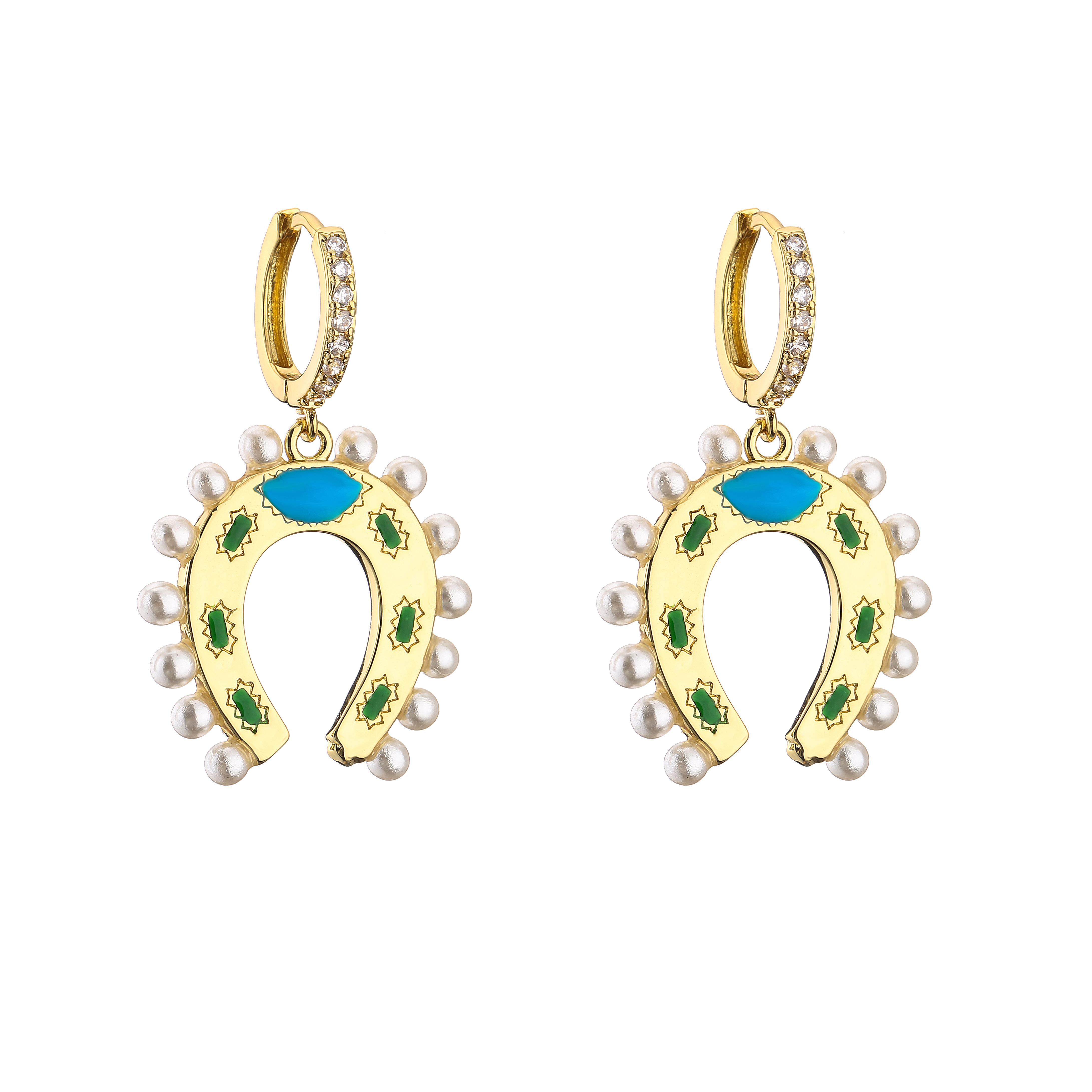 

HECHENG,Pearl Earring ,Horseshoe Pendant Colorful Earrings for Women,Cooper 18k Gold Plated Accessories Wholesale