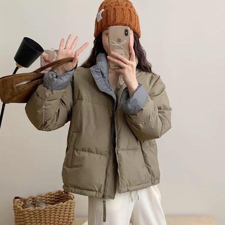 Winter Color Block Stand Collar Down Jacket - Korean Style Short & Thick Loose Fit Coat