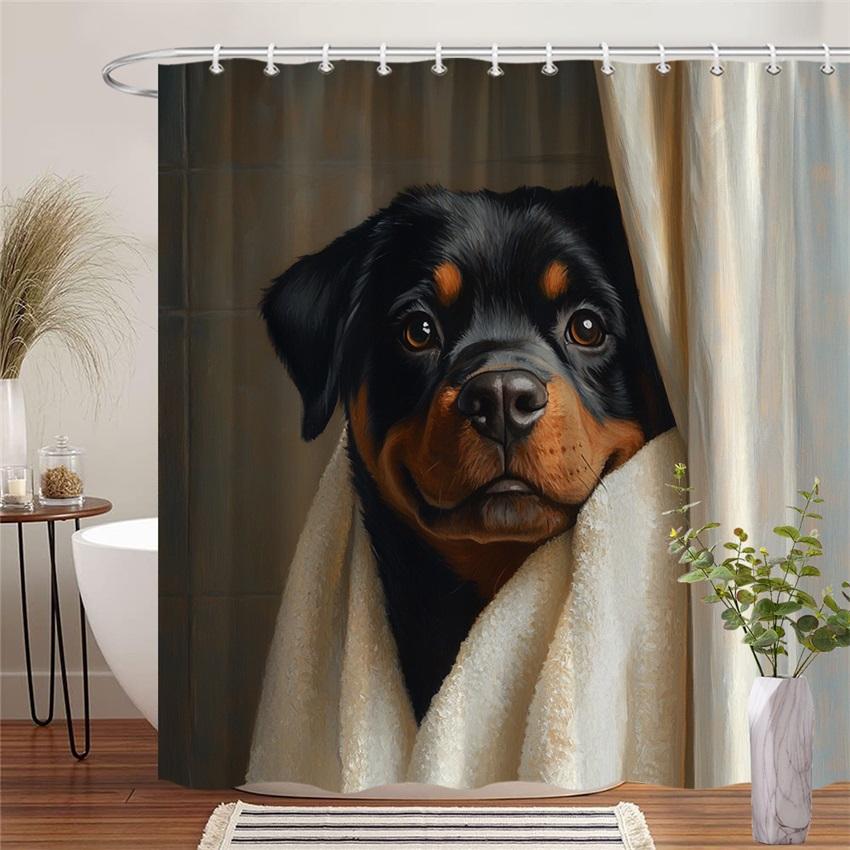 1pc Rottweiler Puppy Shower Curtain - Realistic Black & Tan Puppy with White Towel, Beige Tiled Background, Rottweiler Decor 90X180CM