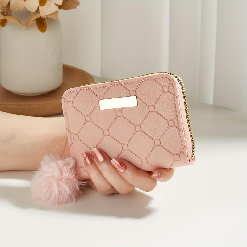 

Women s Fashion Short Wallet, Embossed Coin Purse, Casual Style, Card Wallet With Pom Detail рожевий
