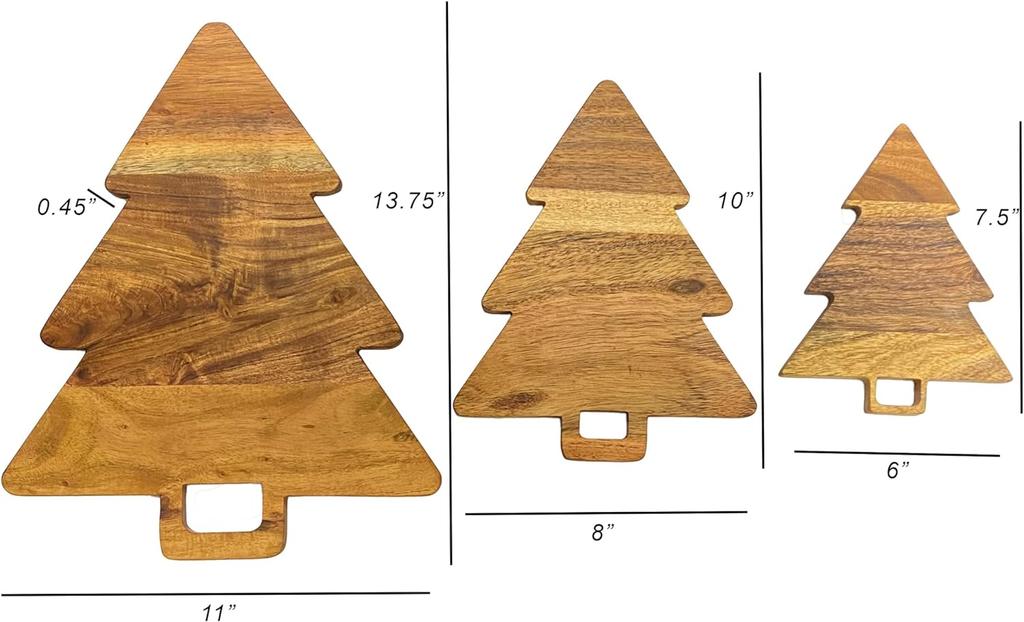 Christmas Tree Shaped Wood Cutting Board Set for Kitchen, 3 Pieces Tree Wooden Cutting Boards, Charcuterie Serving Trays with Handles for Decoration