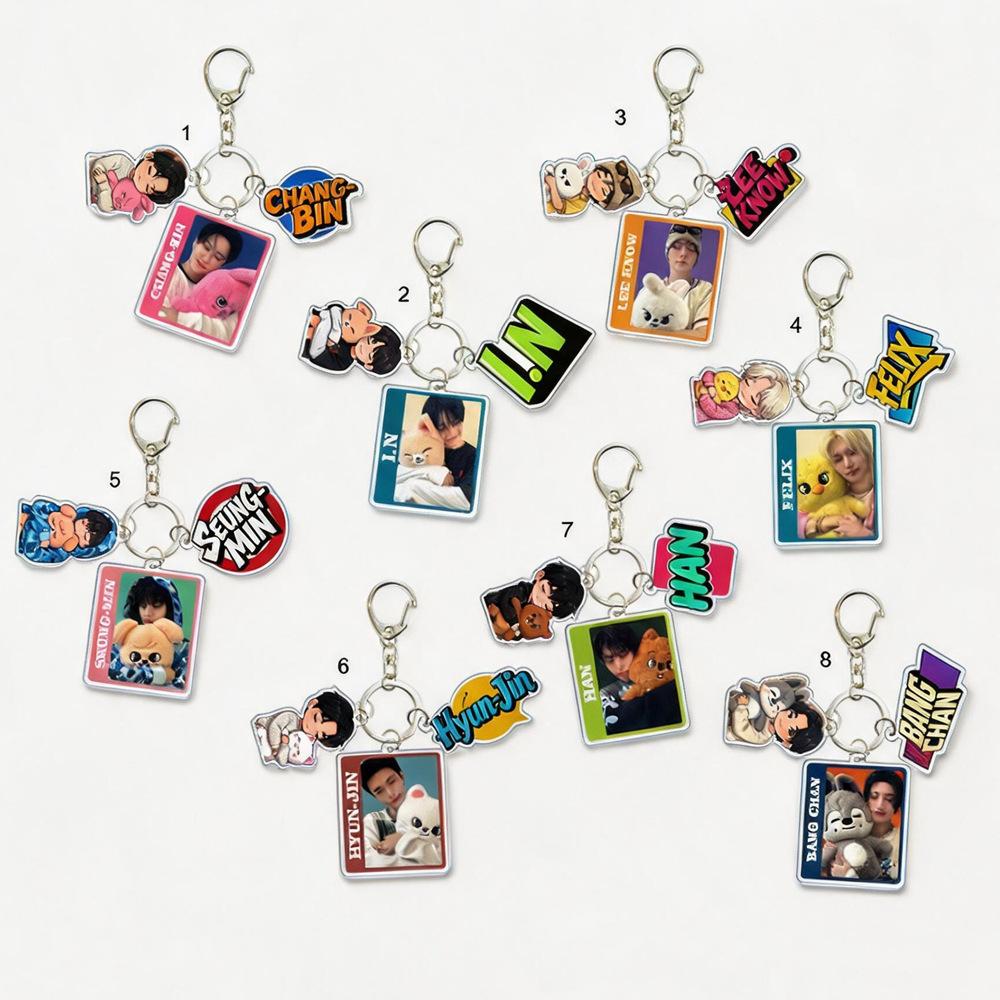 1pc Stray Kids Keychain 3-in-1 Polaroid Style Real Photo Frame Cute Cartoon Doll Colorful Name Tag Triple Charm Keyring for Bags, SKZ Merch STAY Gift