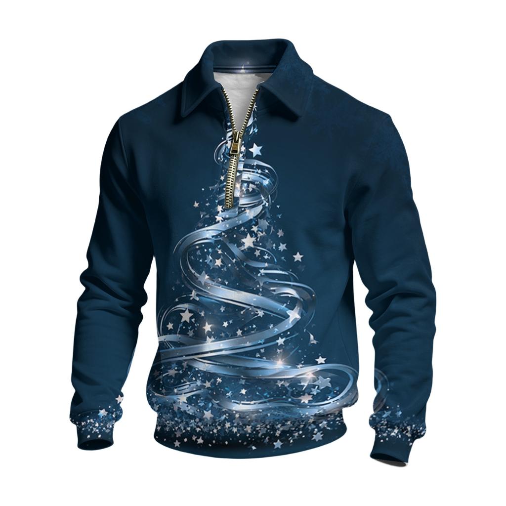 Men's Casual Christmas Print Quarter-Zip Sweatshirt with Collar