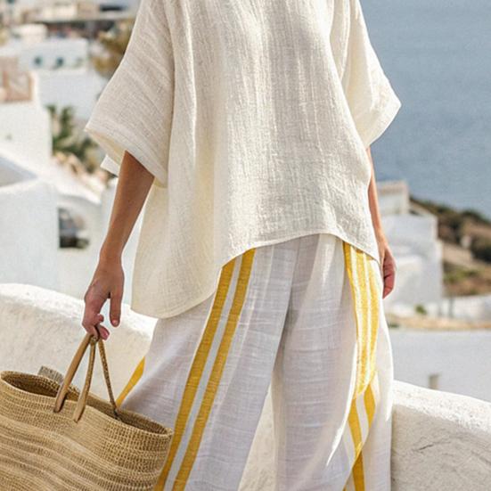 Women's Stripe 2 Piece Outfit Crew Neck Half Sleeve Top And Wide Leg Pants Set Casual Loose Beach Set