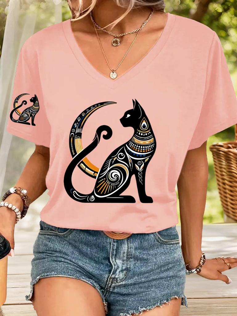 2026 New Summer Women's Fashion T-Shirt Short Sleeve 3D Cat Print Top Tees V-Neck Casual Woman Graphics Clothes Women's Clothing