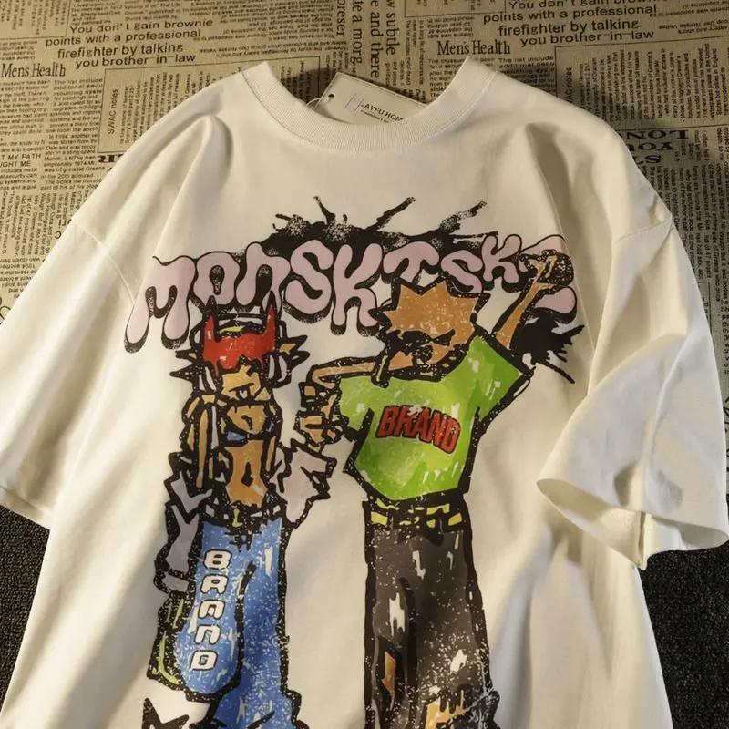 Fashionable American street cartoon printed T shirt men and women summer yk street hip hop loose cotton half sleeved top#, S