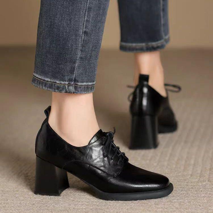 

Retro style square head lace-up leather shoes deep mouth single shoes women s 2025 autumn new versatile British style high heels women s shoes 35