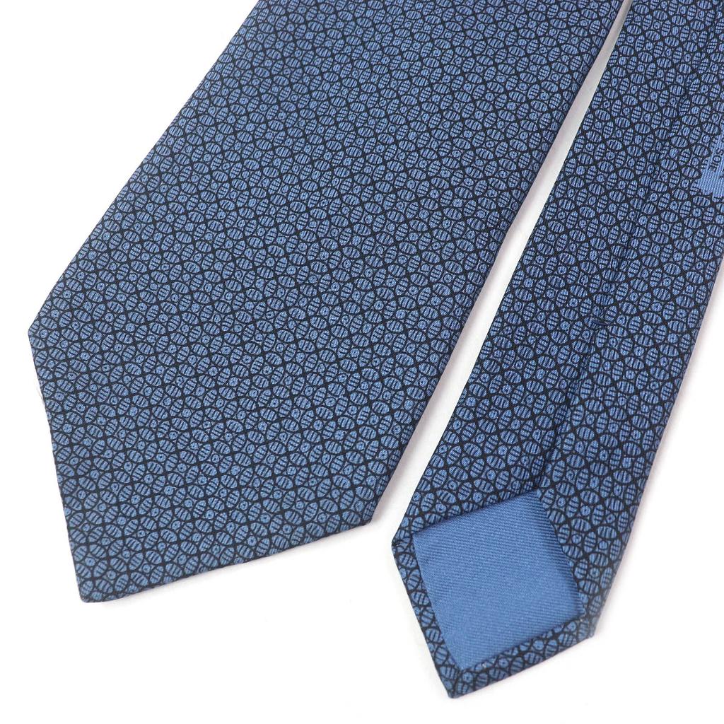 Excellent HERMES Tie Geometric All-over Wide Tie Blue Silk Mens 7695 OA Used