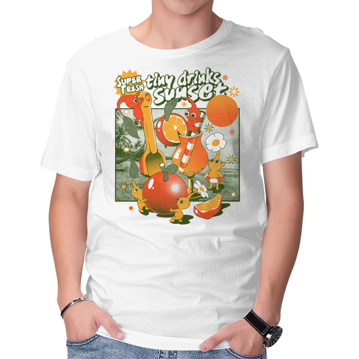 Unisex Crew Neck T-Shirt Tiny Drinks Sunset Graphic Short Sleeve Casual Tee XS