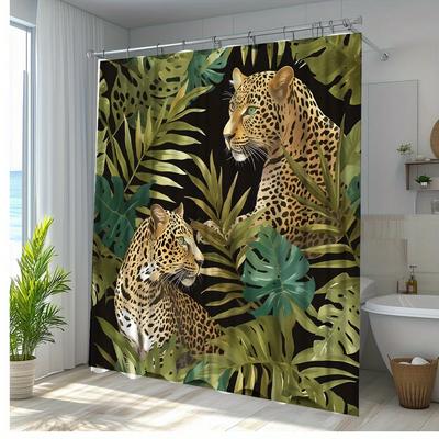 1pc Jungle Leopard Shower Curtain - Vivid Tropical Animal Print with 2 Leopards & Foliage, Polyester Fabric, Machine Washable
