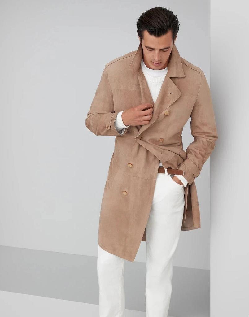 Fashionable Fit Soft New Men Trench Coat Beige Suede Handmade Lambskin Stylish