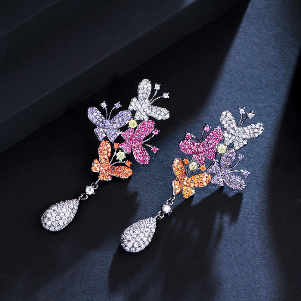 WWJ Colorful Cubic Zirconia Long Butterfly Drop Earrings