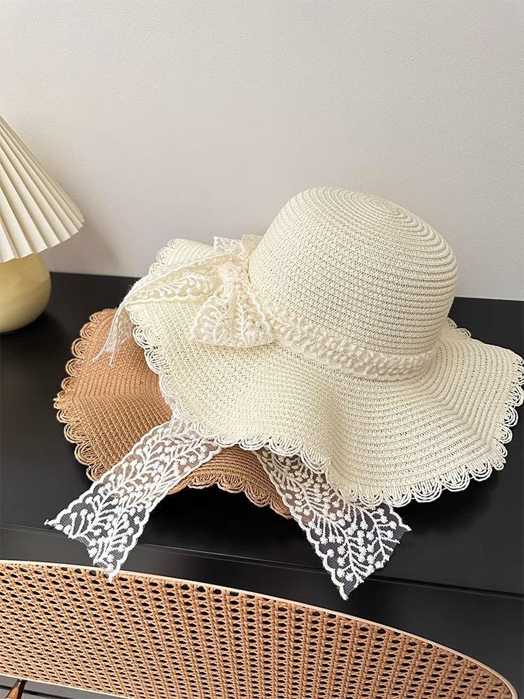 Straw Braid Ruffle Bow Beach Hat - Large Brim, Fairy Style, Dome for Large Head Circumference