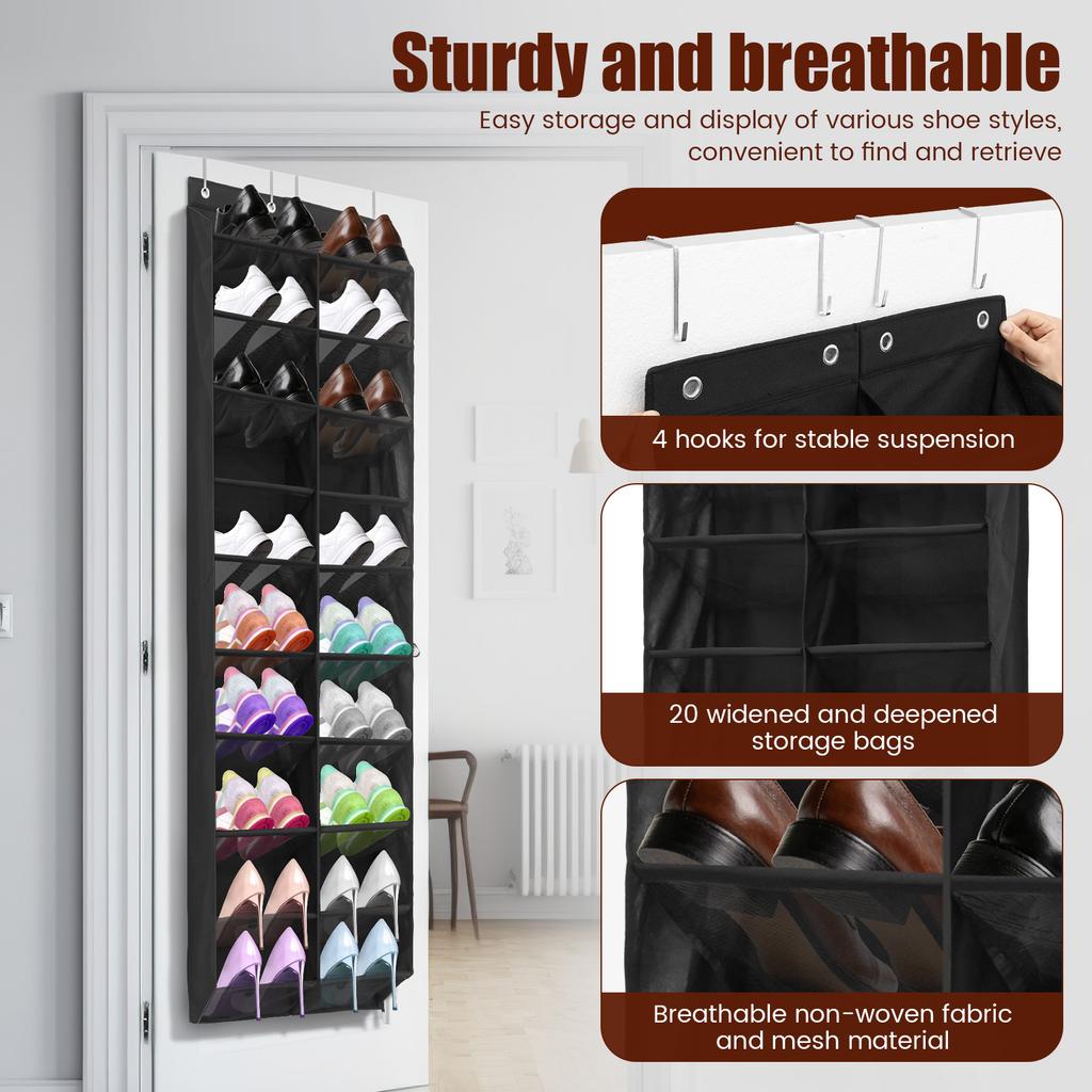 10 Tier Over the Door Shoe Organizer Nonwoven Hanging Door Shoes Rack with 20 Compartments Large Capacity Hanger Storage Bag