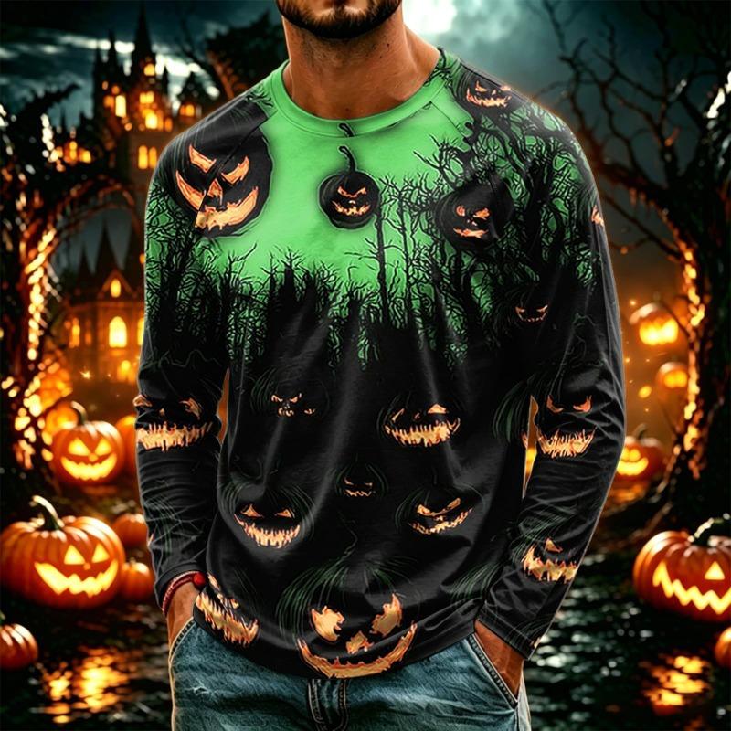 Men Henley Long Sleeve T‑Shirt Halloween 3D Print Pumpkin Ghost Bat Spider Web Graphic Holiday Party Casual Tee