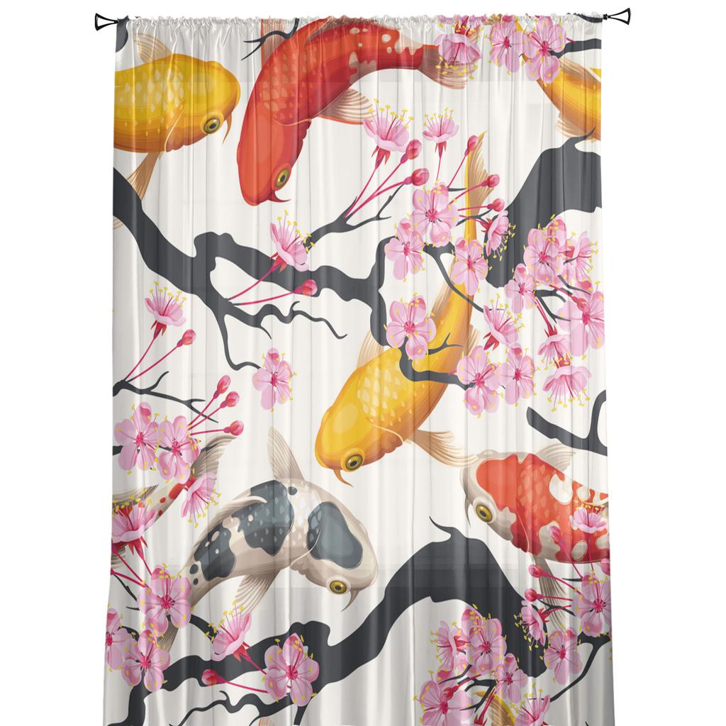 Japanese Style Carp Cherry Blossom Sheer Curtains for Living Room Decoration Window Curtains Kitchen Tulle Voile Curtains