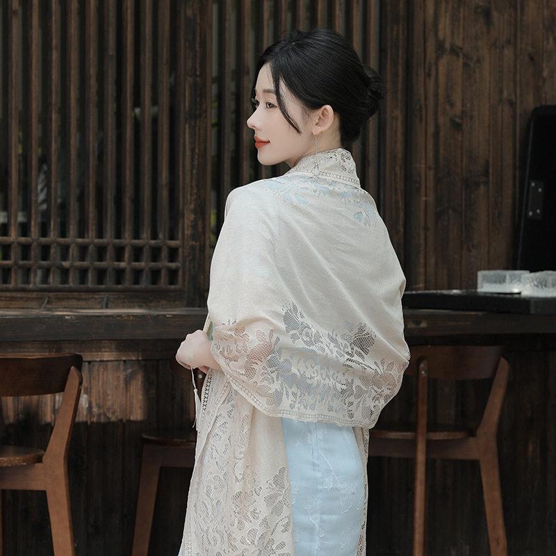 Summer thin sunscreen lace hollow shawl women's fashion with jacquard silk scarf ethnic style tassel with cheongsam
