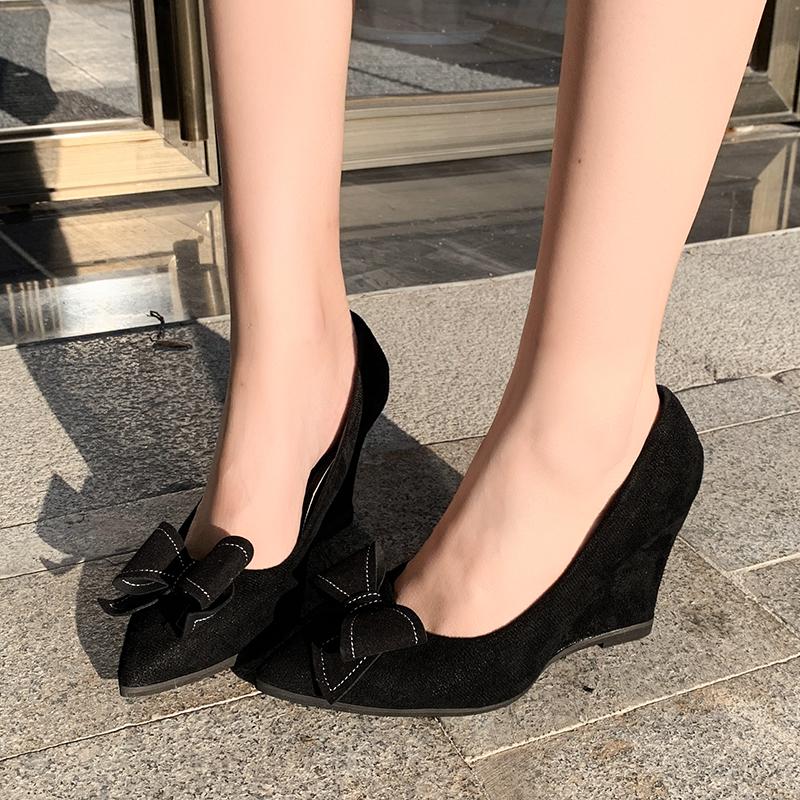 Fashion Women's Slope Heel Single Shoes Autumn New Pointed Head Shallow Mouth Butterfly Knot Anti-slip Wear-resistant High Heels