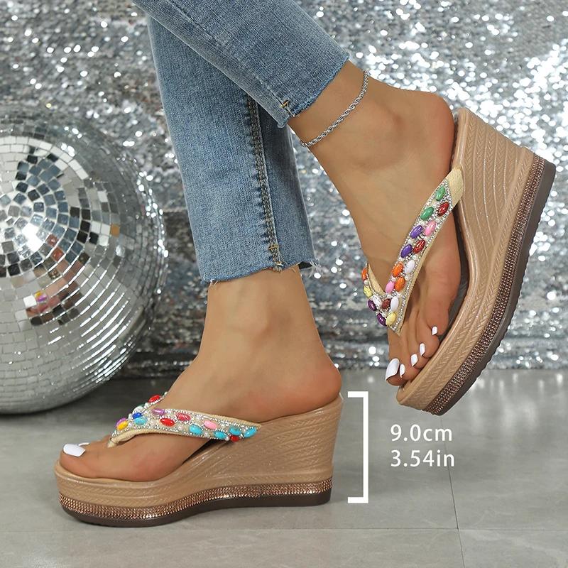 Fashion Colorful Pearls Wedge Flip Flops for Women Fashion Crystal Chunky Platform Sandals Woman Summer 2025 Thick Bottom Beach Slippers