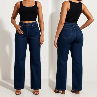 Women's Fashion Retro Slimming Straight Leg Butt Lifting Mid Waist Blue Washed Denim Jeans