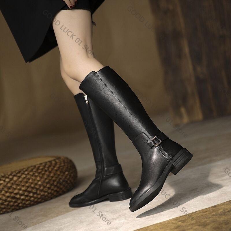 Fashion 2025 Autumn Winter Low Heel Women Knee High Boots Fashion Side Zippers Long Booties Zapatos De Mujer