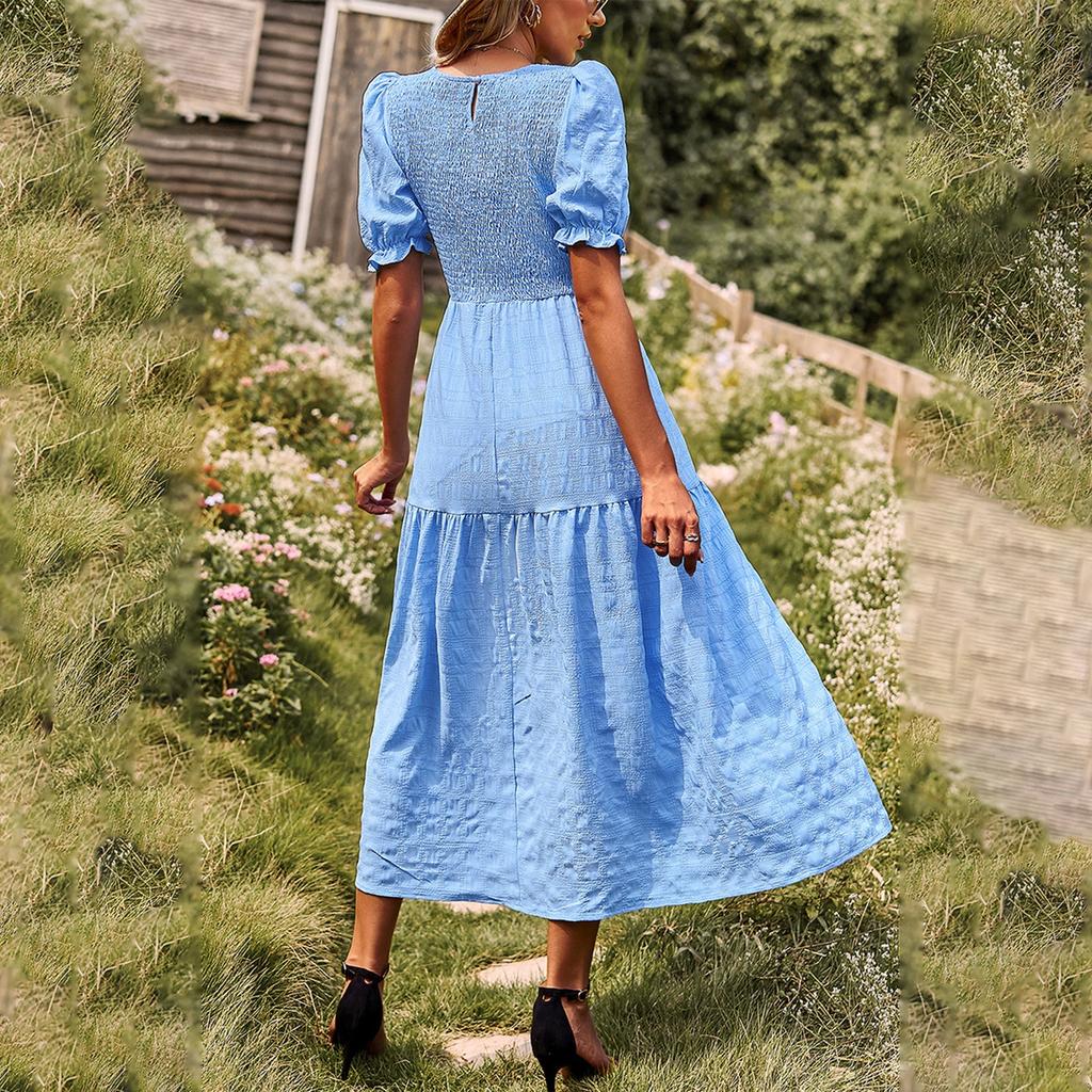 Kvinners Mote Casual Ensfarget O-hals Kort Ermet Kjole