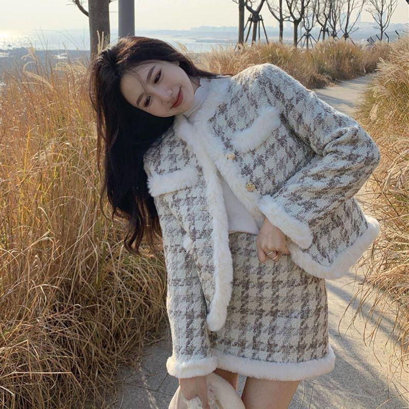 2025 Chic Wool Houndstooth Short Jacket & A-line Skirt Suit for Women, Autumn/Winter Collection
