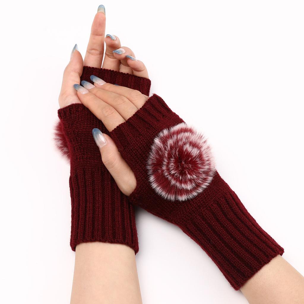 New Short Pom Pom Gloves for Women's Fashion Autumn and Winter Knitted Woolen Sleeve Sleeves for Warmth  Half Finger Exposed Gloves
